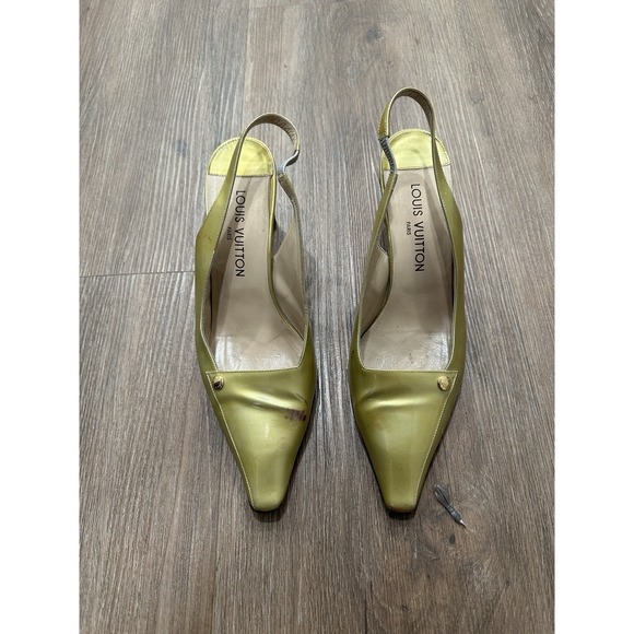 Louis Vuitton Green Metallic Patent Leather Square‎ Toe Slingback Pumps 40 Flaws - Picture 1 of 10